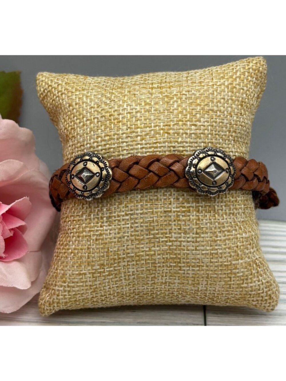 Vintage Brighton Southwestern Western Concho Braided Brown Leather Bracelet 9"